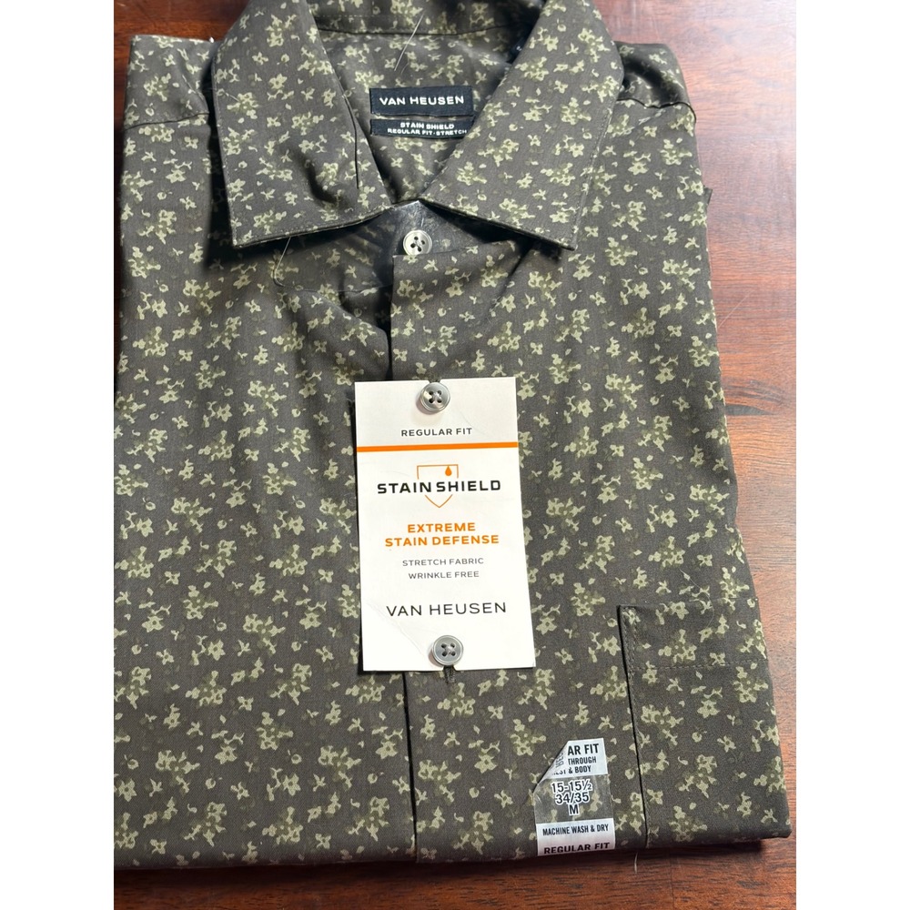 Van Heusen Stain Shield Mens Regular Fit Stretch Dress Shirt Olive Floral M 15.5